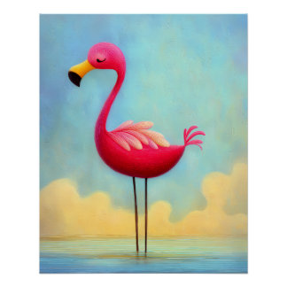 pink flamingo in blue water - cartoon style poster