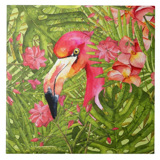 Pink Flamingo in Palm and Monstera Jungle Tile (Front)