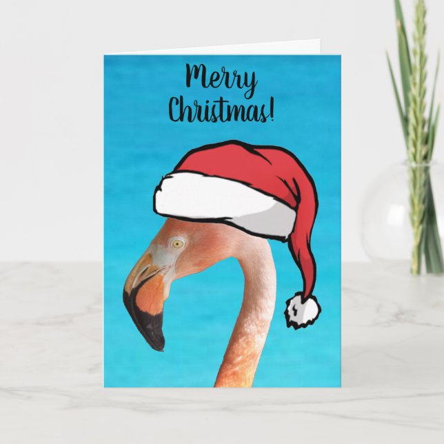 Pink Flamingo in red cartoon Santa hat Christmas Holiday Card (Front)