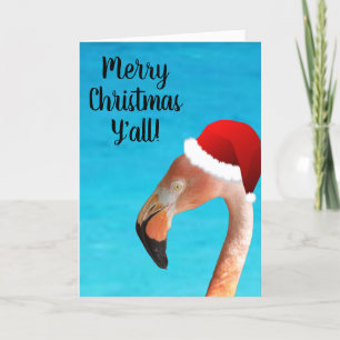 Pink Flamingo in red cartoon Santa hat Holiday Card