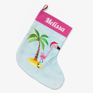 Pink Flamingo in Red Santa Hat Christmas Large Christmas Stocking