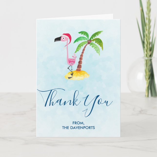 Pink Flamingo in Red Santa Hat Christmas Thank You Card (Front)
