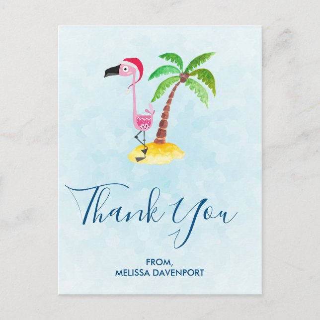 Pink Flamingo in Red Santa Hat Christmas Thank You Postcard (Front)