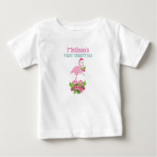 Pink Flamingo in Santa Hat 1st Christmas Baby T-Shirt