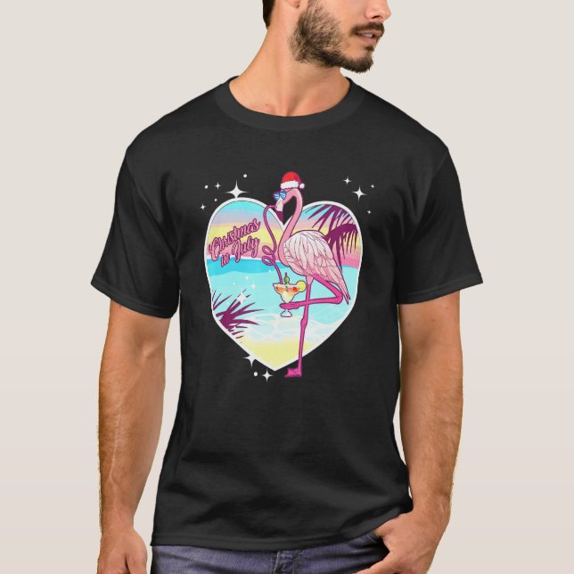 Pink Flamingo In Santa Hat Hawaiian Chrismas In Ju T-Shirt (Front)
