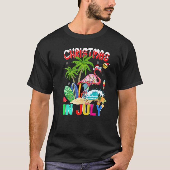Pink Flamingo In Santa Hat Sunglasses Christmas In T-Shirt (Front)
