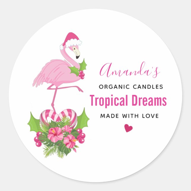Pink Flamingo in Santa Hat Whimsical Candle Classic Round Sticker (Front)
