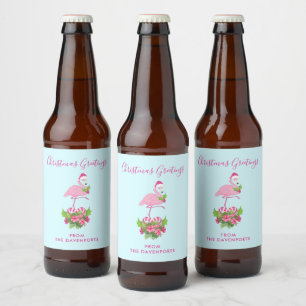 Pink Flamingo in Santa Hat Whimsical Christmas Beer Bottle Label