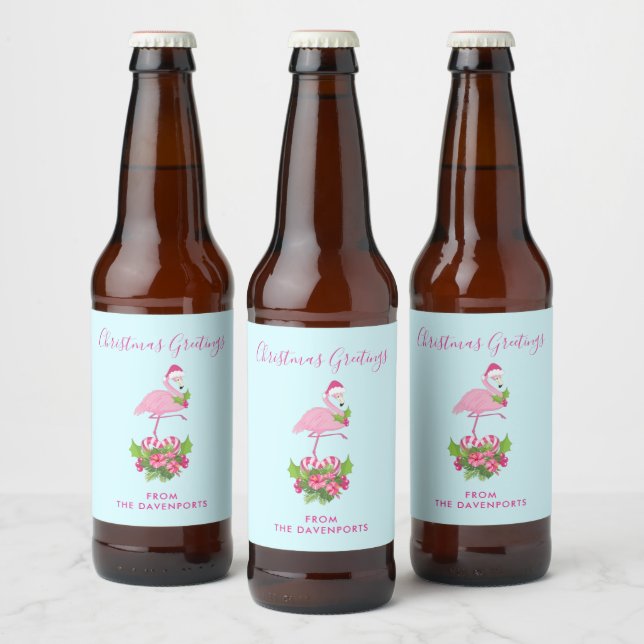 Pink Flamingo in Santa Hat Whimsical Christmas Beer Bottle Label (Bottles)