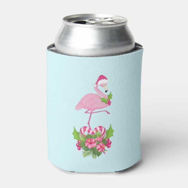 Pink Flamingo in Santa Hat Whimsical Christmas Can Cooler (Can Front)