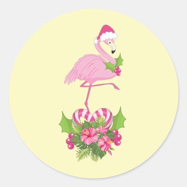Pink Flamingo in Santa Hat Whimsical Christmas Classic Round Sticker (Front)