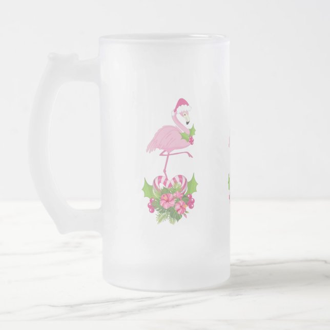 Pink Flamingo in Santa Hat Whimsical Christmas Frosted Glass Beer Mug (Left)