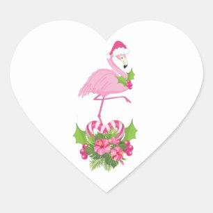 Pink Flamingo in Santa Hat Whimsical Christmas Heart Sticker
