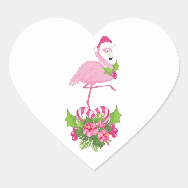 Pink Flamingo in Santa Hat Whimsical Christmas Heart Sticker (Front)