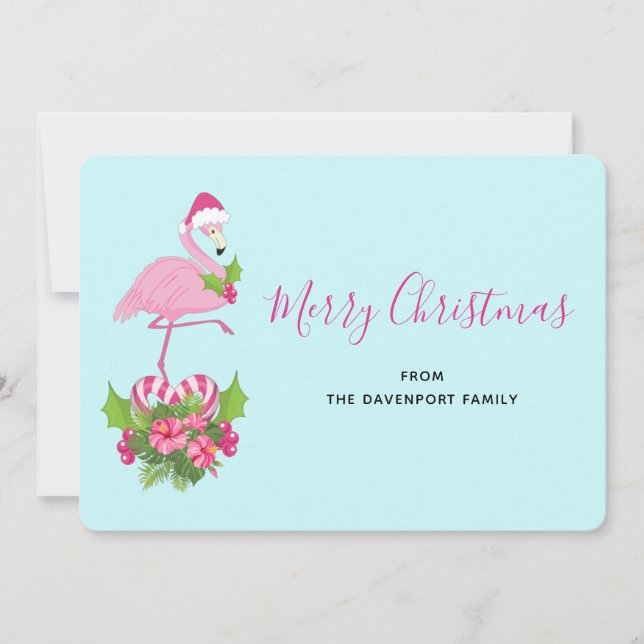 Pink Flamingo in Santa Hat Whimsical Christmas Holiday Card (Front)