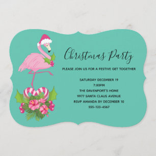 Pink Flamingo in Santa Hat Whimsical Christmas Invitation