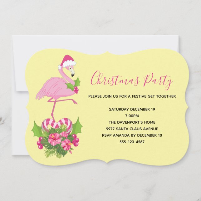 Pink Flamingo in Santa Hat Whimsical Christmas Invitation (Front)