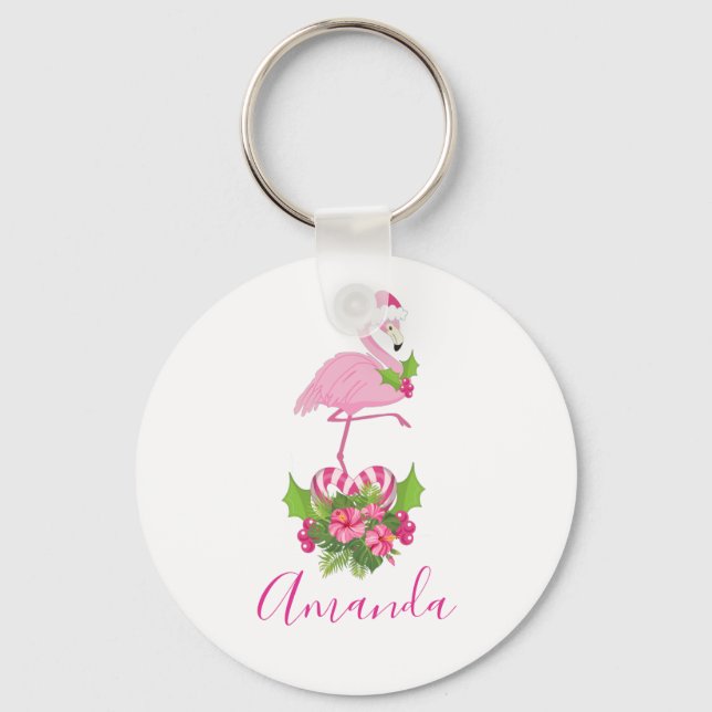 Pink Flamingo in Santa Hat Whimsical Christmas Key Ring (Front)