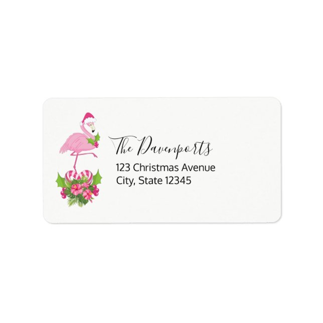 Pink Flamingo in Santa Hat Whimsical Christmas Label (Front)