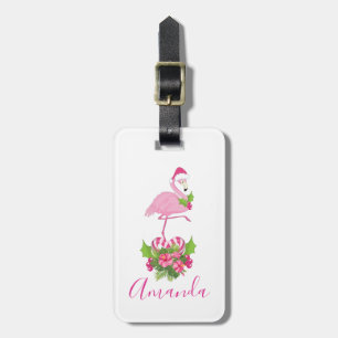 Pink Flamingo in Santa Hat Whimsical Christmas Luggage Tag