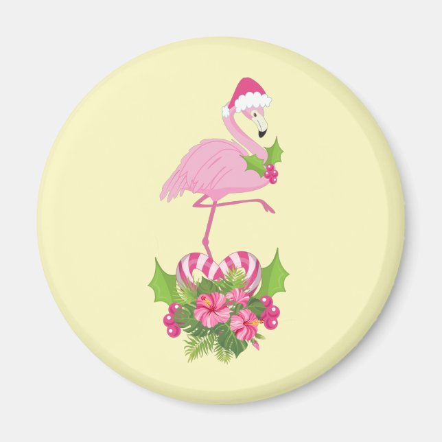 Pink Flamingo in Santa Hat Whimsical Christmas Magnet (Front)