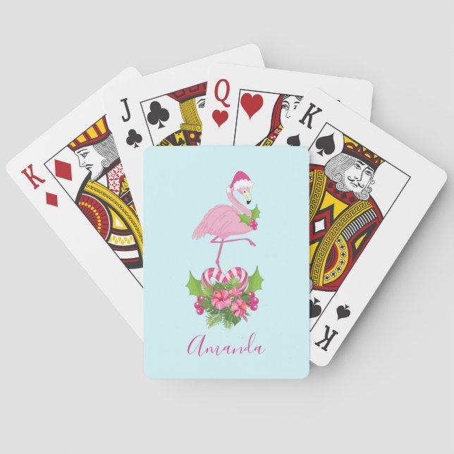 Pink Flamingo in Santa Hat Whimsical Christmas Playing Cards (Back)