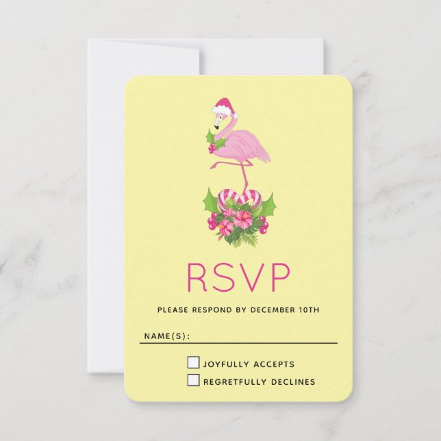 Pink Flamingo in Santa Hat Whimsical Christmas RSVP Card (Front)