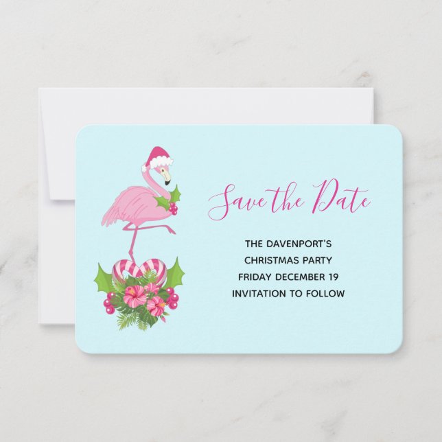 Pink Flamingo in Santa Hat Whimsical Christmas Save The Date (Front)
