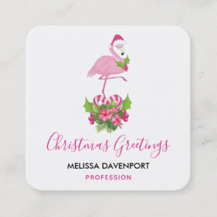 Pink Flamingo in Santa Hat Whimsical Christmas Square Business Card