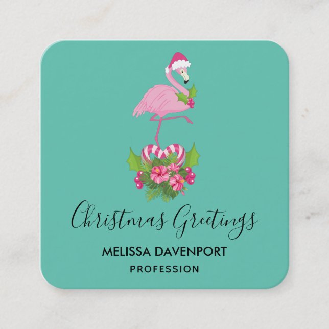 Pink Flamingo in Santa Hat Whimsical Christmas Square Business Card (Front)
