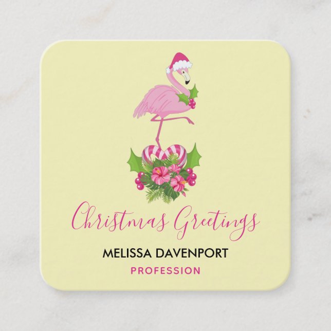 Pink Flamingo in Santa Hat Whimsical Christmas Square Business Card (Front)