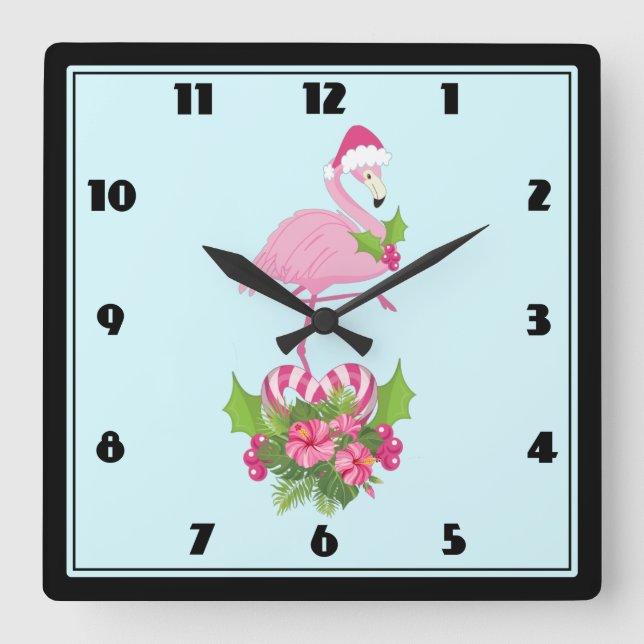 Pink Flamingo in Santa Hat Whimsical Christmas Square Wall Clock (Front)