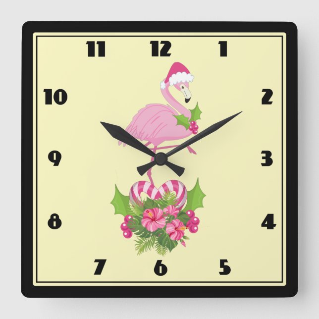 Pink Flamingo in Santa Hat Whimsical Christmas Square Wall Clock (Front)