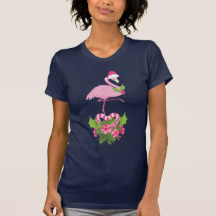 Pink Flamingo in Santa Hat Whimsical Christmas T-Shirt