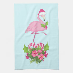 Pink Flamingo in Santa Hat Whimsical Christmas Tea Towel