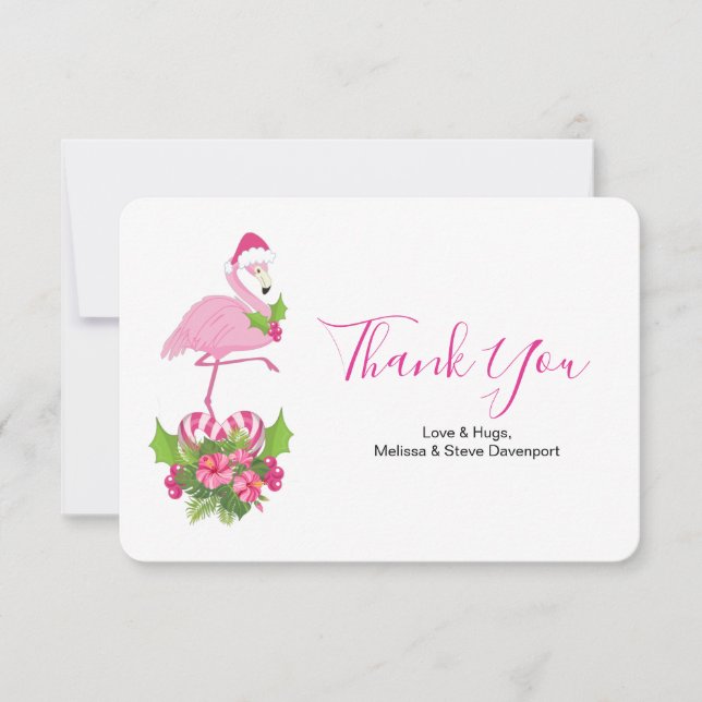 Pink Flamingo in Santa Hat Whimsical Christmas Thank You Card (Front)