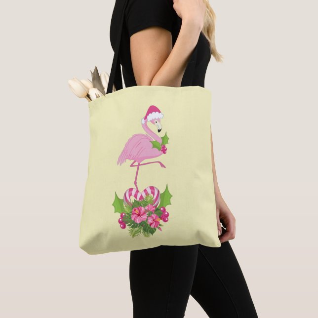 Pink Flamingo in Santa Hat Whimsical Christmas Tote Bag (Close Up)