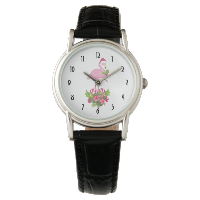 Pink Flamingo in Santa Hat Whimsical Christmas Watch (Front)