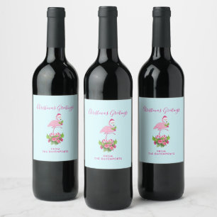 Pink Flamingo in Santa Hat Whimsical Christmas Wine Label