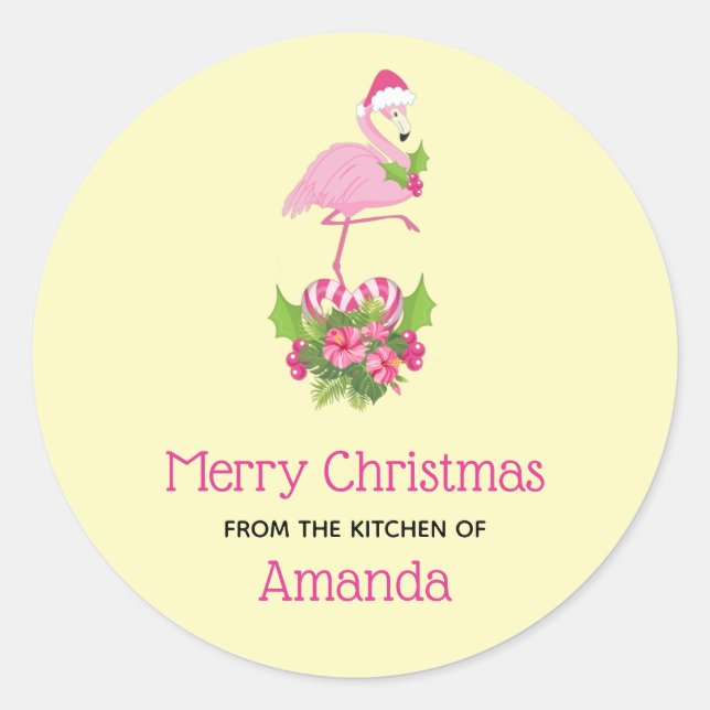 Pink Flamingo in Santa Hat Whimsical Kitchen Classic Round Sticker (Front)