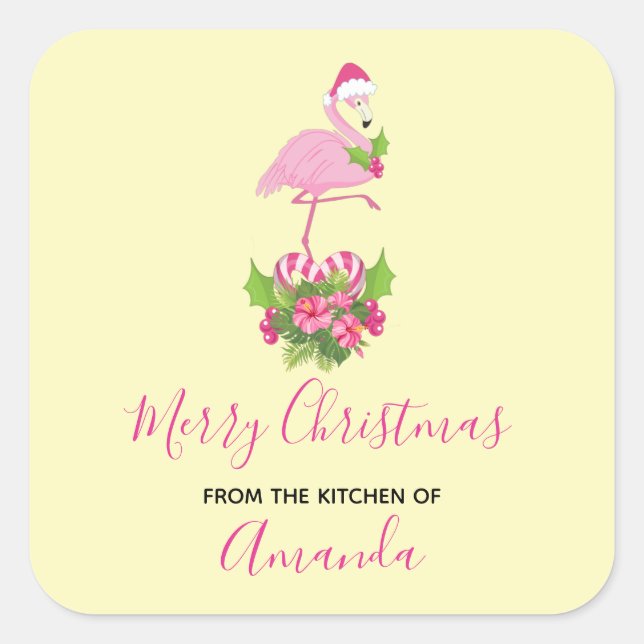 Pink Flamingo in Santa Hat Whimsical Kitchen Square Sticker (Front)