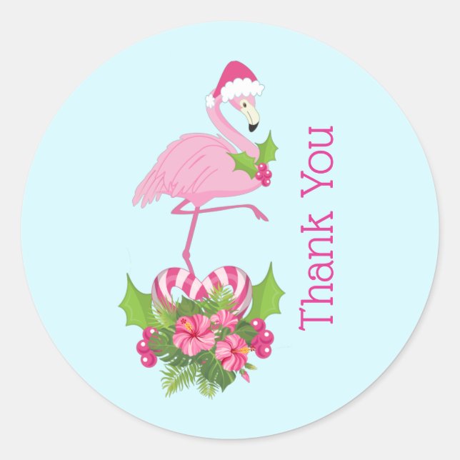 Pink Flamingo in Santa Hat Whimsical Thank You Classic Round Sticker (Front)