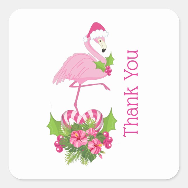 Pink Flamingo in Santa Hat Whimsical Thank You Square Sticker (Front)