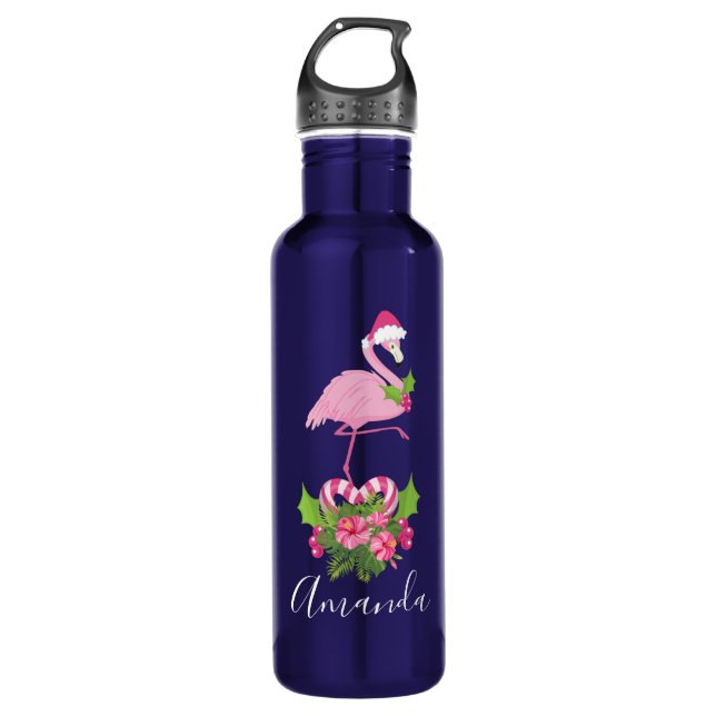 Pink Flamingo in Santa Hat with Candy Cane Bouquet 710 Ml Water Bottle (Front)