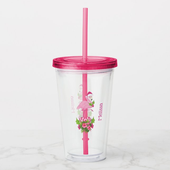 Pink Flamingo in Santa Hat with Candy Cane Bouquet Acrylic Tumbler (Front)