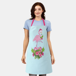 Pink Flamingo in Santa Hat with Candy Cane Bouquet Apron