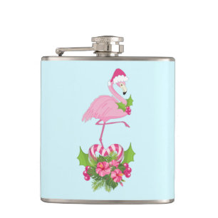 Pink Flamingo in Santa Hat with Candy Cane Bouquet Hip Flask