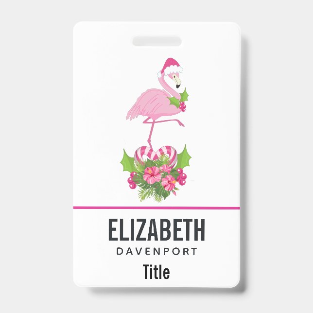 Pink Flamingo in Santa Hat with Candy Cane Bouquet ID Badge (Front)