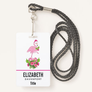 Pink Flamingo in Santa Hat with Candy Cane Bouquet ID Badge
