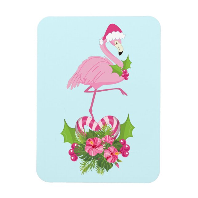 Pink Flamingo in Santa Hat with Candy Cane Bouquet Magnet (Vertical)